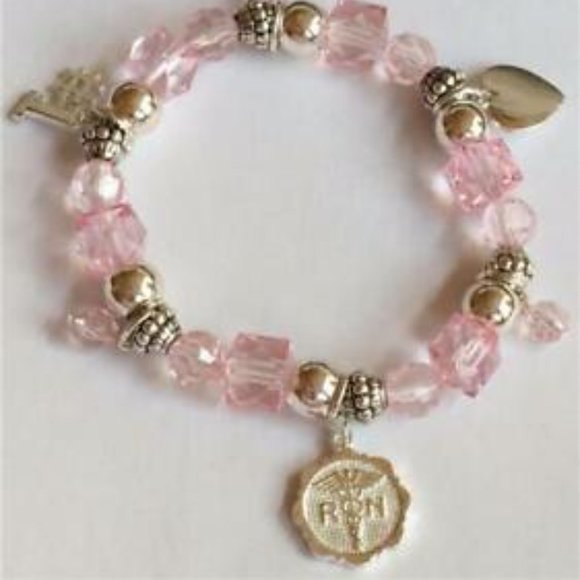 Nursing Charm Bracelet #1 Nurse Caduceus RN Pink Graduation Gift Silver Plated - Picture 3 of 9